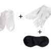 Coffret, gants, masque, chaussettes en soie blanc.